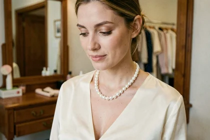 Femme au visage ovale portant un collier de perles de culture Akoya dans un dressing élégant