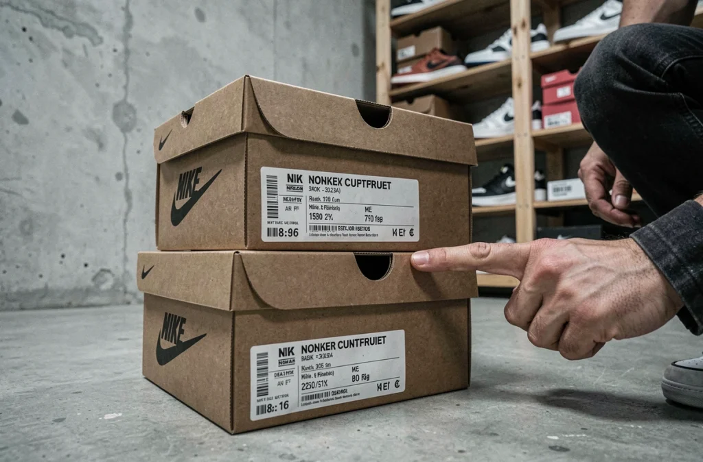Gros plan sur deux boîtes Nike superposées révélant des différences typographiques et d'impression entre l'original et la contrefaçon