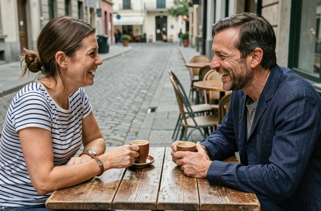 Deux amis homme et femme portant des bracelets en cuir tressé assortis attablés en terrasse de café parisien