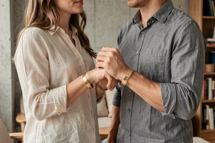 Couple portant des bracelets en commun homme femme assortis en or minimaliste, mains enlacées dans un appartement parisien contemporain