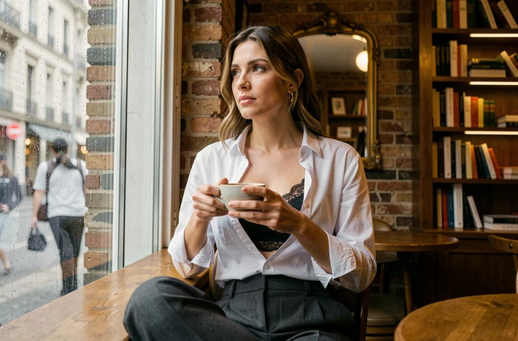 Femme en bralette en dentelle noire sous une chemise blanche déboutonnée dans un café parisien, idée de tenue lingerie au quotidien