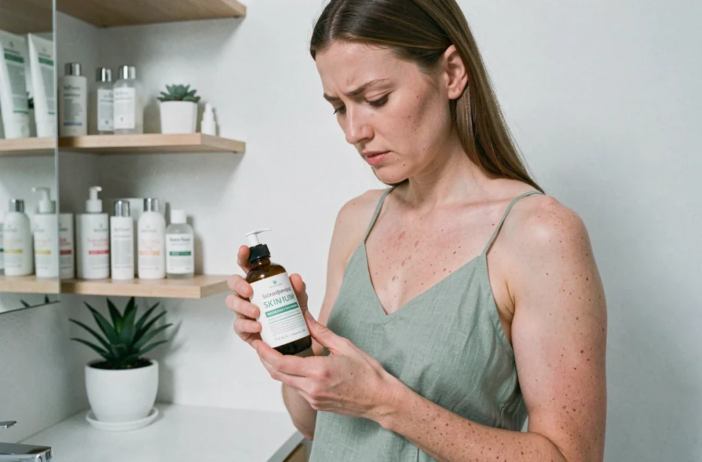 Jeune femme choisissant un sérum apaisant pour traiter sa peau sensibilisée après le port de lingerie en matière synthétique