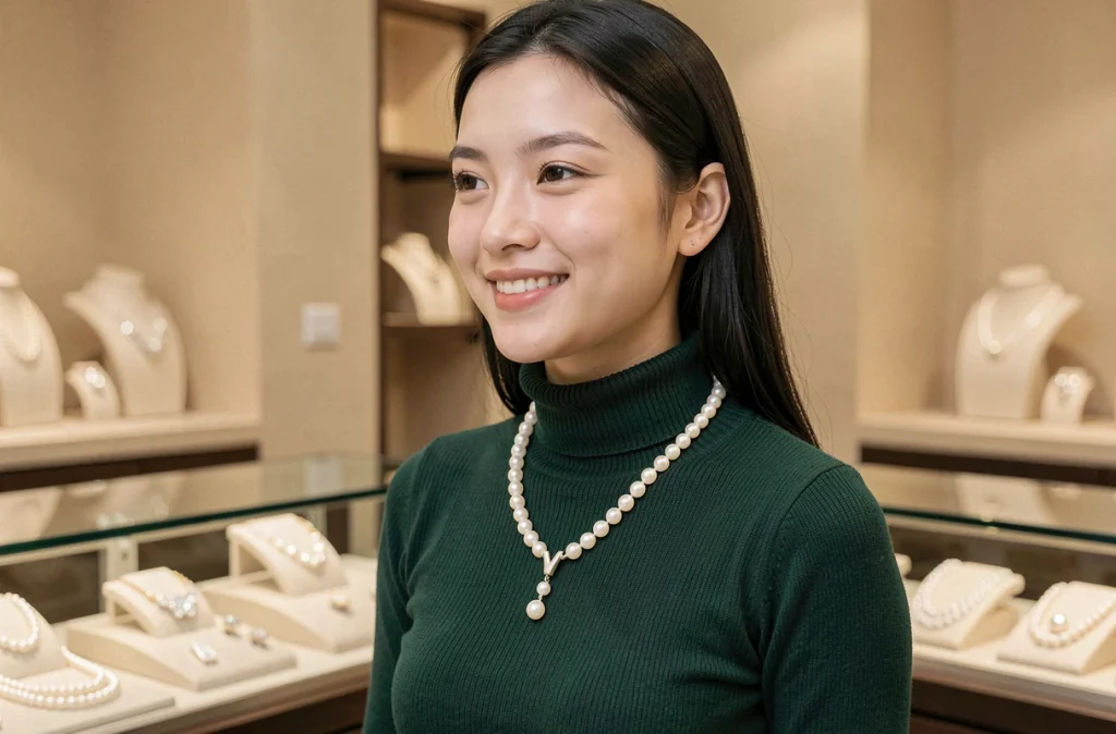 Jeune femme au visage rond portant un collier de perles de culture en Y dans une bijouterie élégante
