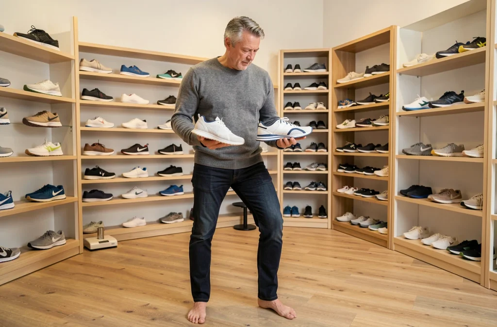 Homme debout pieds nus dans une boutique de chaussures comparant deux modèles confortables adaptés à son type de pied