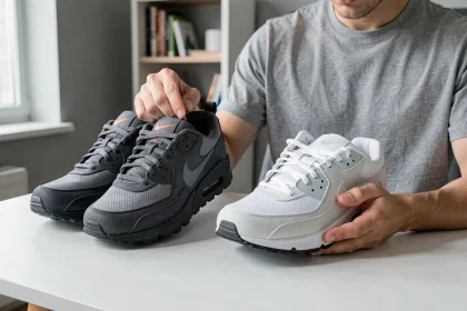 Comparaison côte à côte d'une paire de Nike Air Max authentique et d'une contrefaçon, mettant en évidence les défauts de couture et le logo mal aligné