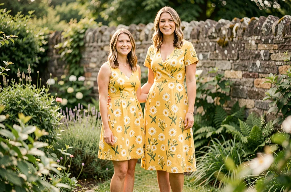Comparaison robe cocktail fleurie courte et midi sur deux morphologies différentes dans un jardin