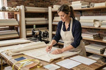 Couturière à domicile mesurant du tissu pour rideaux sur une grande table de travail avec tarifs et accessoires de couture