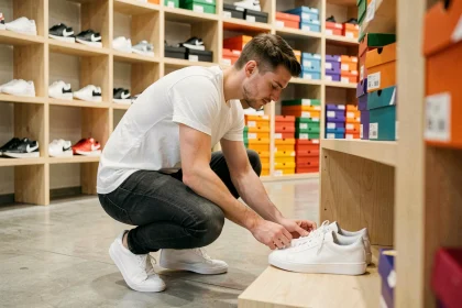 Jeune homme examinant des sneakers dans un magasin Snatch avec des étagères de chaussures en arrière-plan