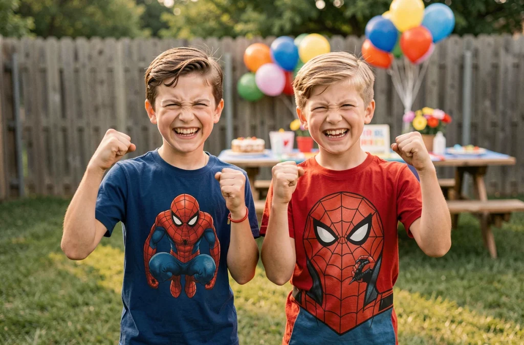 Deux garçons en t-shirts Spiderman faisant des poses de super-héros lors d'une fête d'anniversaire en plein air avec ballons et décoration