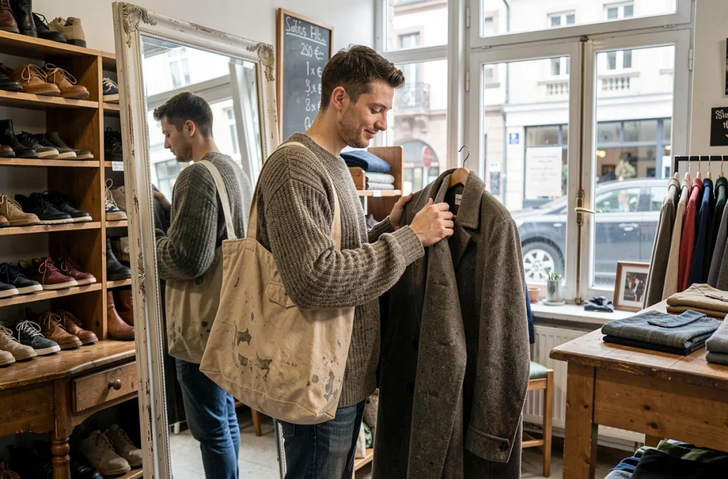 Étudiant essayant un manteau d'occasion dans une friperie de Strasbourg, reflet dans un miroir vintage