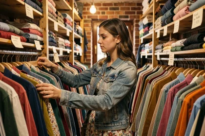 Étudiante qui fait du shopping dans une friperie à Strasbourg, parcourant des vêtements vintage à petit prix