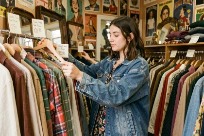 Étudiante parcourant des vêtements vintage dans une friperie tendance aux prix abordables