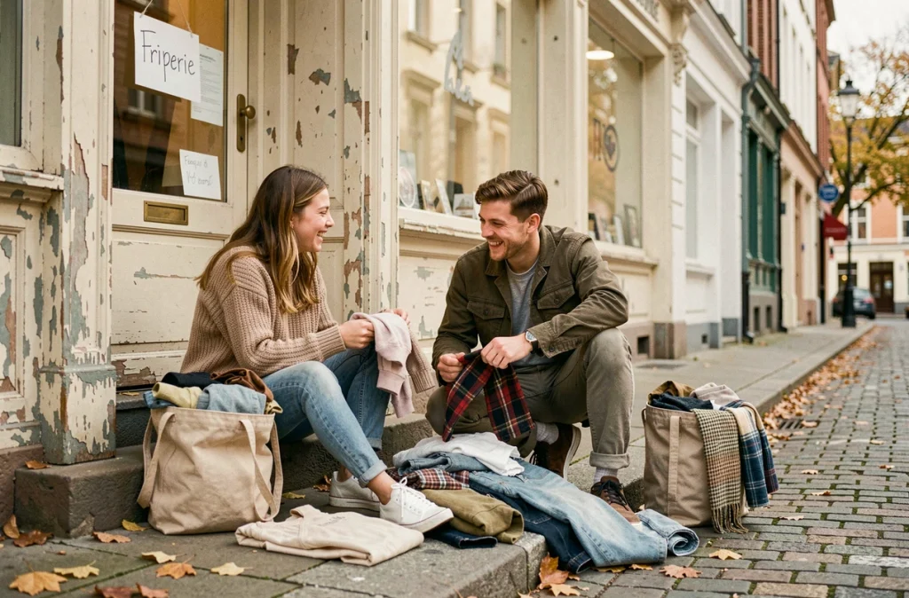 Deux étudiants assis dehors avec leurs achats vintage devant une friperie de quartier