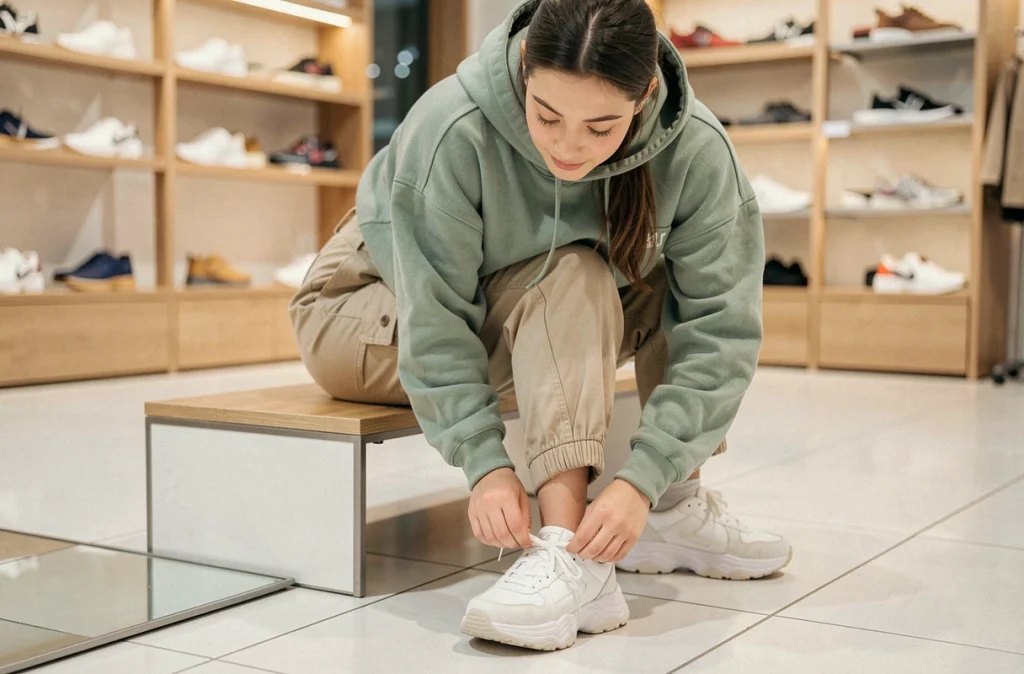 Jeune femme essayant des sneakers blanches dans une boutique moderne, assise sur un banc d'essayage