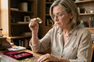 Femme examinant un poinçon sur une bague en or à la loupe de bijoutier