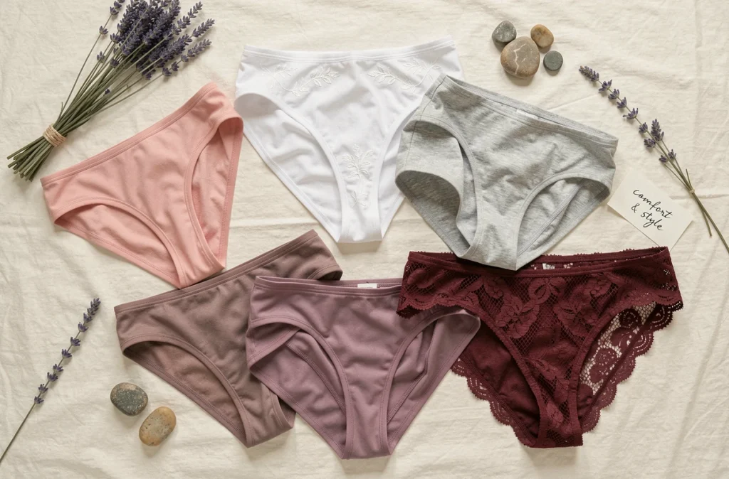 Flat-lay de cinq culottes féminines en différents styles et matières sur fond de coton ivoire avec lavande séchée