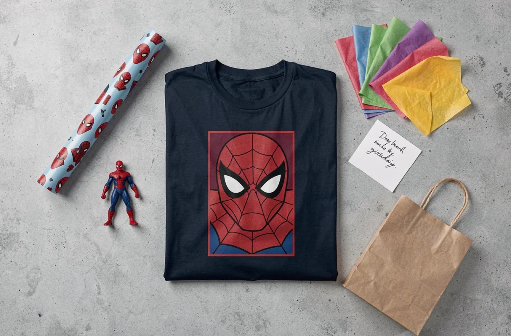 Flat lay éditorial d'un pack cadeau anniversaire complet avec t-shirt Spiderman, figurine, carte et accessoires sur fond béton gris