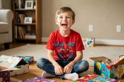 Jeune garçon portant un t-shirt Spiderman reçu en cadeau d'anniversaire, entouré de papiers cadeaux colorés dans un salon familial