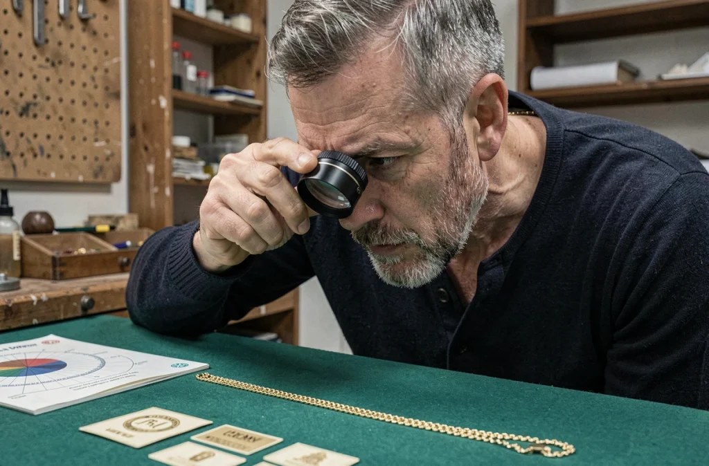 Homme utilisant une loupe de bijoutier pour lire un poinçon sur une chaîne en or