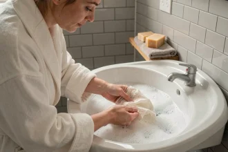 Femme qui lave délicatement de la lingerie en dentelle à la main dans un évier en porcelaine blanche, soin du linge délicat à la main