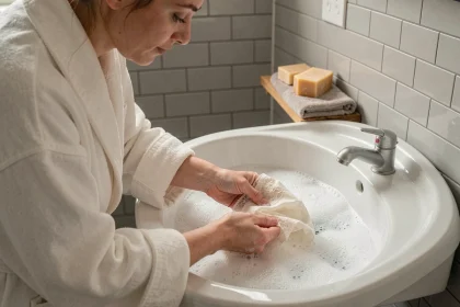 Femme qui lave délicatement de la lingerie en dentelle à la main dans un évier en porcelaine blanche, soin du linge délicat à la main