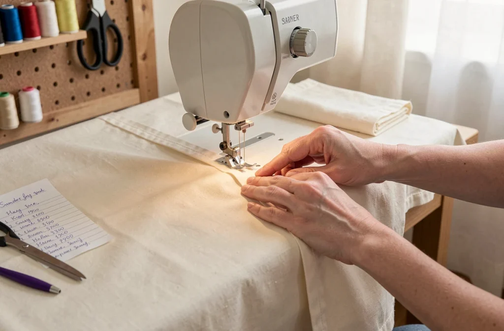 Mains de couturière cousant un ourlet de nappe en coton sur machine à coudre avec liste de tarifs couture à domicile visible