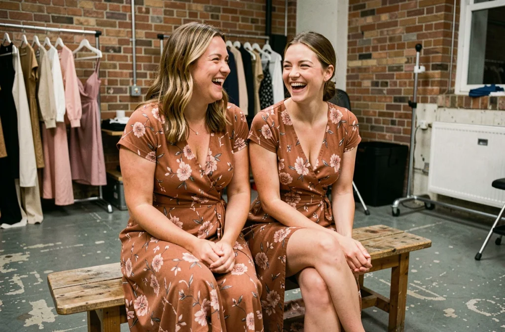 Deux mannequins aux morphologies variées en coulisses d'un défilé de mode, partageant un moment naturel et authentique