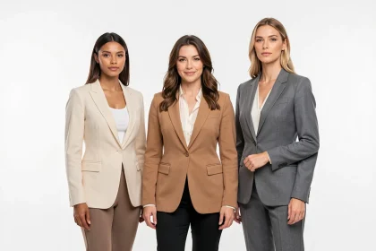 Trois mannequins aux morphologies différentes posant ensemble dans un studio éditorial, illustrant la diversité corporelle dans le mannequinat