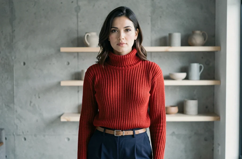 Femme portant un pull rouge écarlate et un pantalon bleu marine dans un intérieur minimaliste moderne