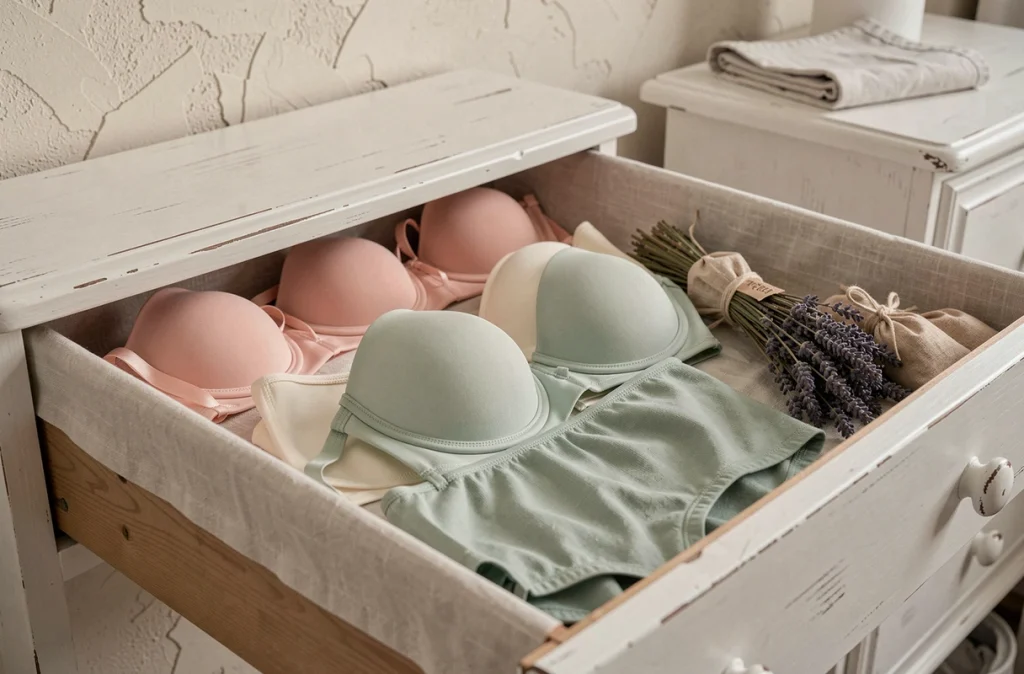 Tiroir de commode bien rangé avec de la lingerie pliée en tons pastel, sachets de cèdre et lavande pour protéger les sous-vêtements délicats