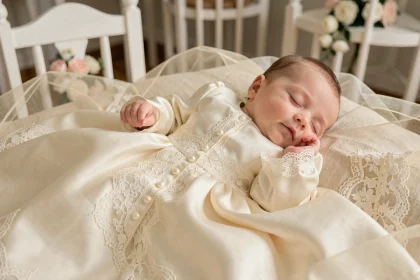 Robe de baptême ivoire en satin et dentelle pour bébé fille posée sur tissu crème