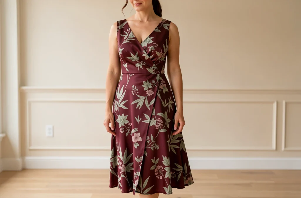 Femme en robe cocktail midi fleurie bordeaux et vert pour morphologie ronde dans un intérieur moderne
