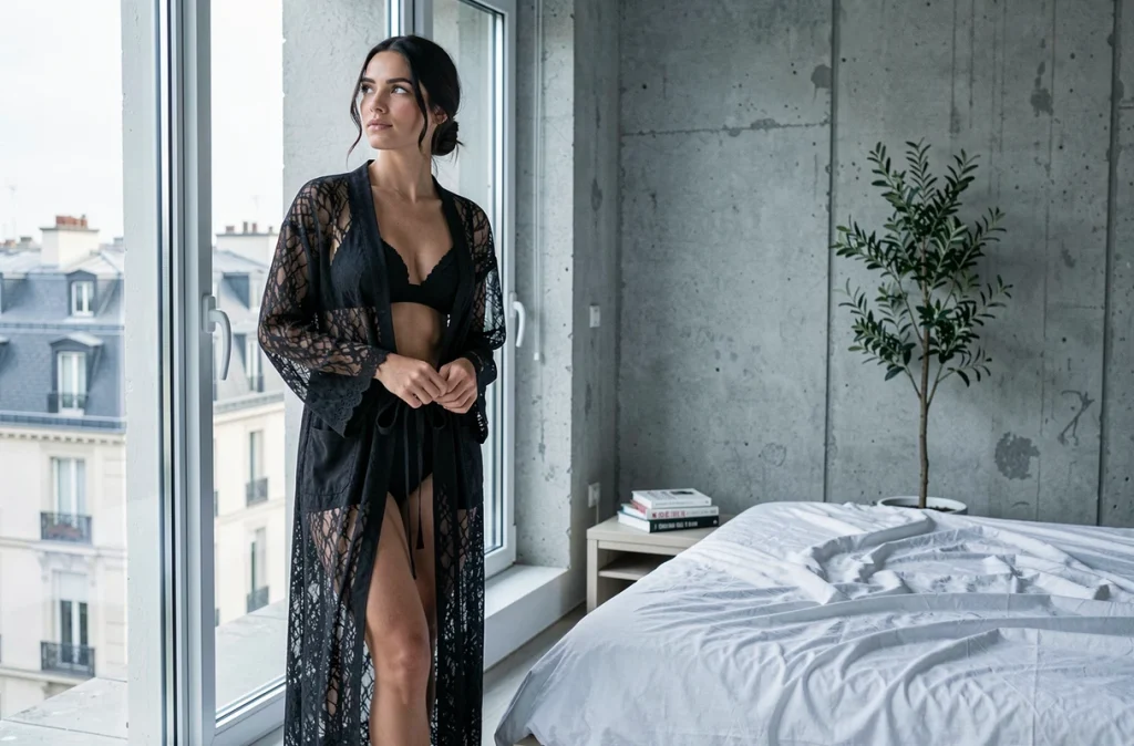 Femme en robe de chambre en dentelle noire debout près d'une fenêtre dans un appartement parisien minimaliste