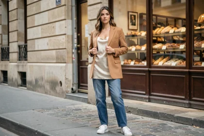 Femme portant une robe lingerie en satin ivoire sous un blazer camel avec un jean droit, style tenue quotidienne chic à Paris