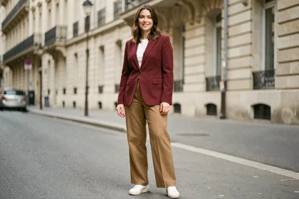 Femme portant un blazer rouge avec un pantalon camel, association de couleurs moderne et élégante