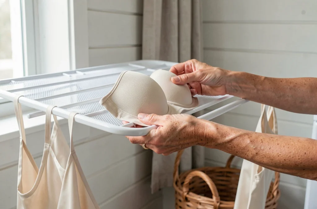 Mains féminines remettant en forme un soutien-gorge sans armatures sur un séchoir à maille, séchage correct de la lingerie délicate à plat