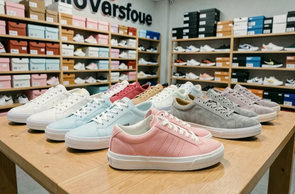Sélection de sneakers pour débutants disposées sur une table en bois dans un magasin Snatch, avec différents coloris et modèles