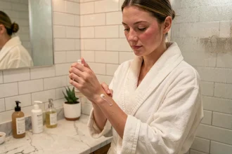 Femme appliquant une lotion hydratante sur sa peau après avoir porté de la lingerie synthétique, dans une salle de bain naturelle