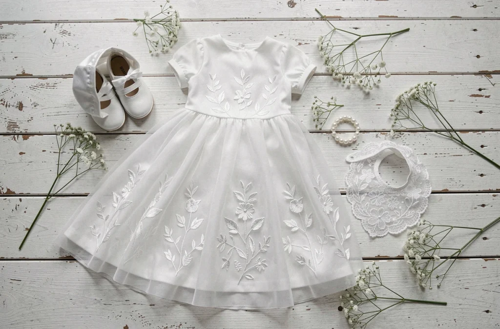 Tenue complète de baptême pour bébé posée en flat lay sur bois blanc avec fleurs