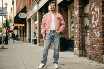 Homme en tenue années 80 avec veste bomber pastel, jean acid-wash taille haute et sneakers blanches dans une rue urbaine vintage