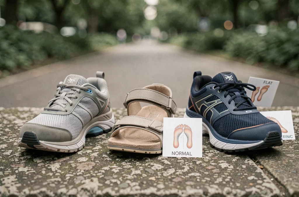 Vue rapprochée de trois paires de chaussures confortables disposées sur une surface en pierre, illustrant différents types de pieds et de postures