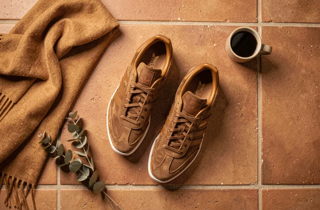 Flat lay éditorial des Adidas Spezial marron avec accessoires automnaux sur carrelage terracotta