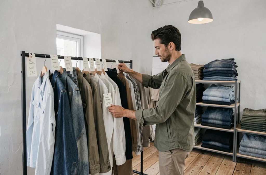 Homme parcourant les vêtements soldés minimalistes de la vente surplus A.P.C. dans une boutique épurée parisienne