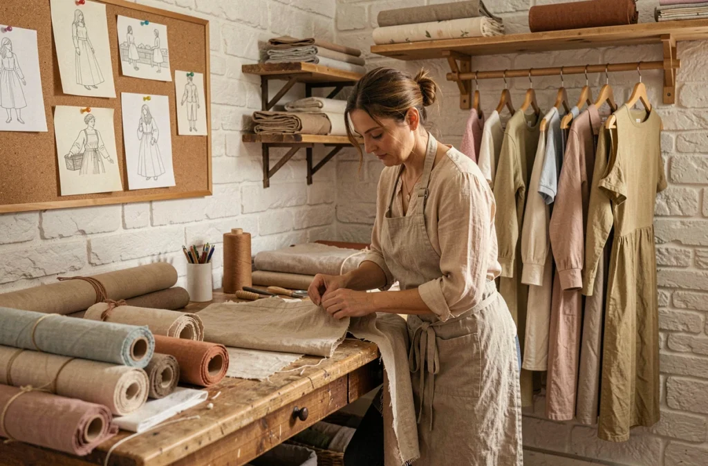 Atelier Kumo à Lille avec une créatrice cousant à la main des vêtements féminins artisanaux dans un espace authentique
