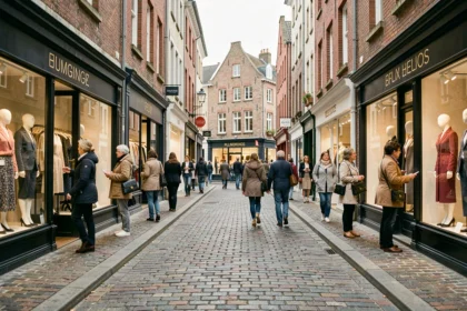 Rue commerçante animée dans les Hauts-de-France avec des boutiques de prêt-à-porter féminin et des passantes élégantes