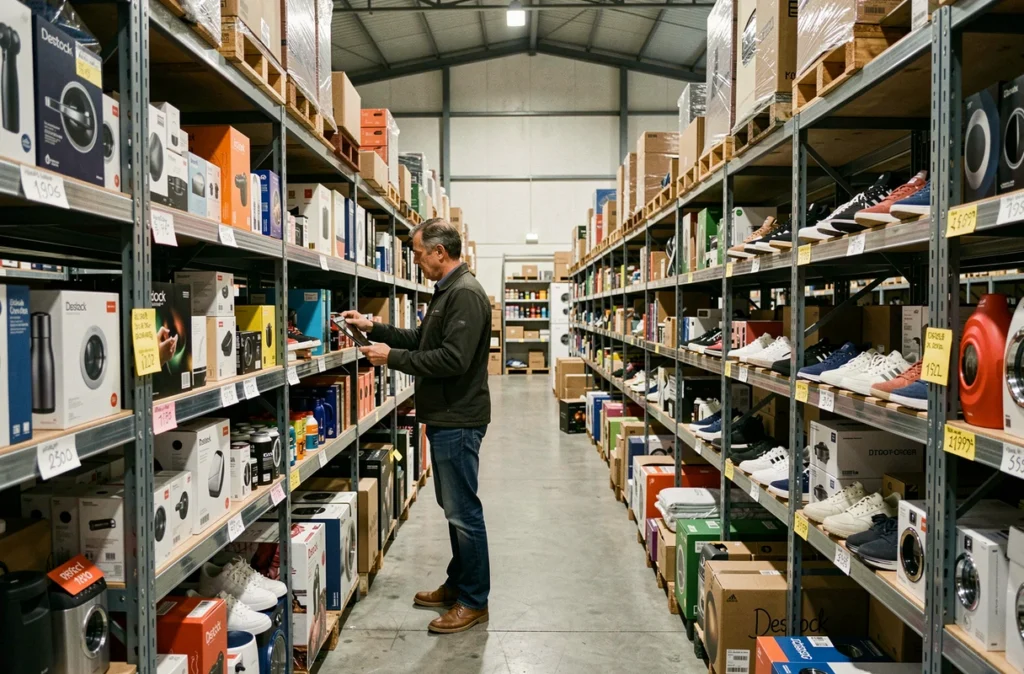 Homme cherchant des bonnes affaires parmi les rayons chargés de marchandises déstockées du Destock Center parisien