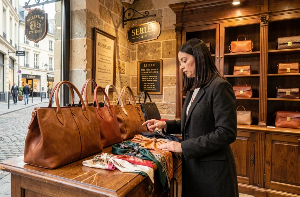 Boutique Ellen Desforges rue de la Monnaie à Lille avec une femme découvrant des accessoires et sacs en cuir artisanaux