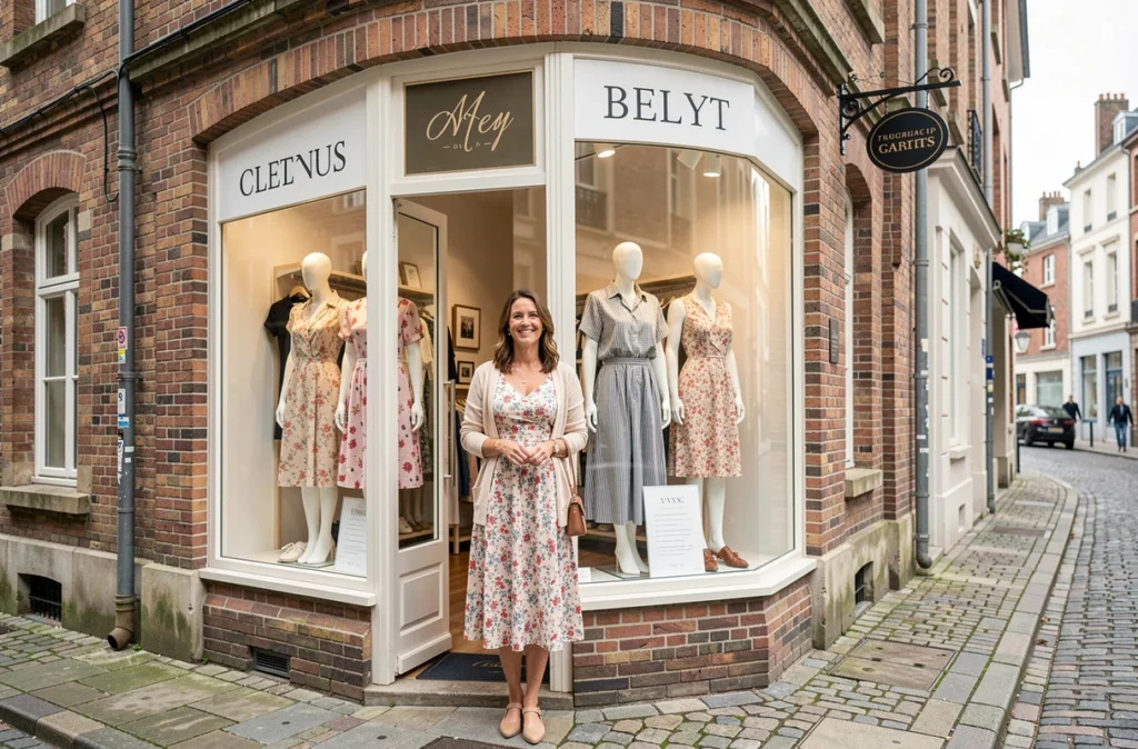 Devanture de la boutique Embellie de prêt-à-porter féminin dans les Hauts-de-France avec une cliente à l'entrée