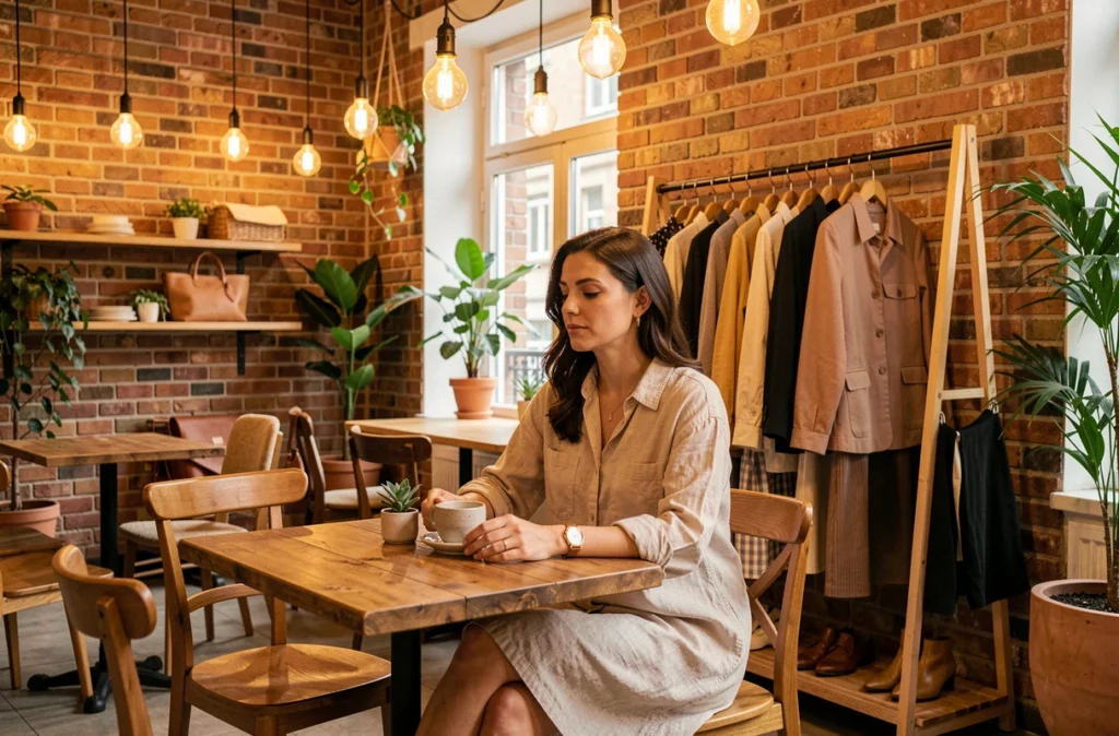 Intérieur du Homa Café Boutique à Lille avec une femme savourant un café près d'un présentoir de vêtements féminins