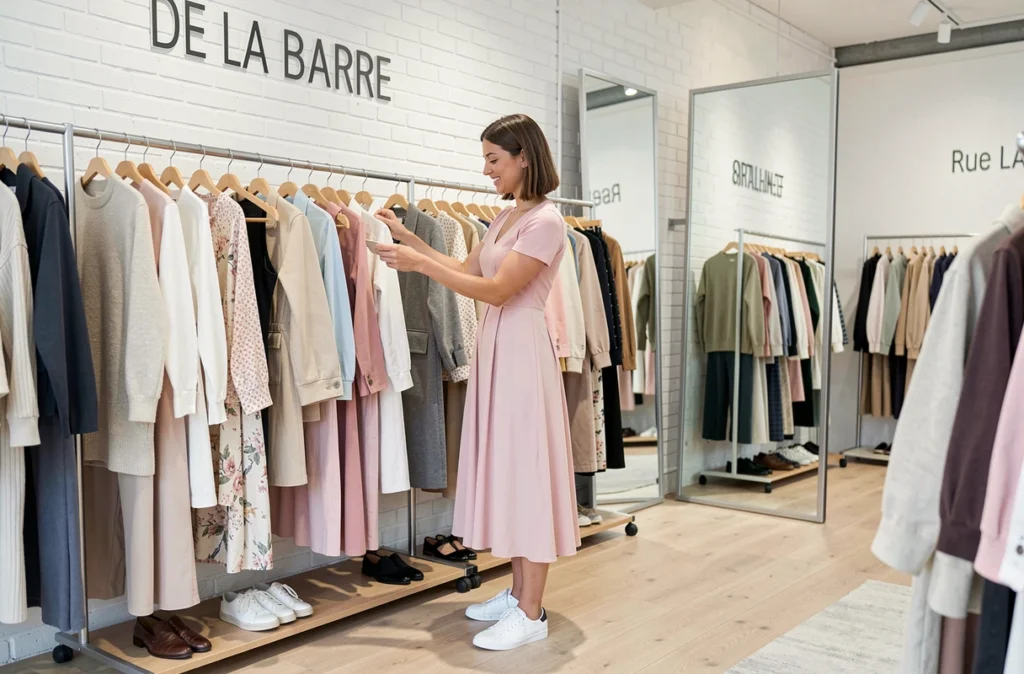 Intérieur de la boutique Instant Candide rue de la Barre à Lille avec une femme parcourant un portant de vêtements féminins